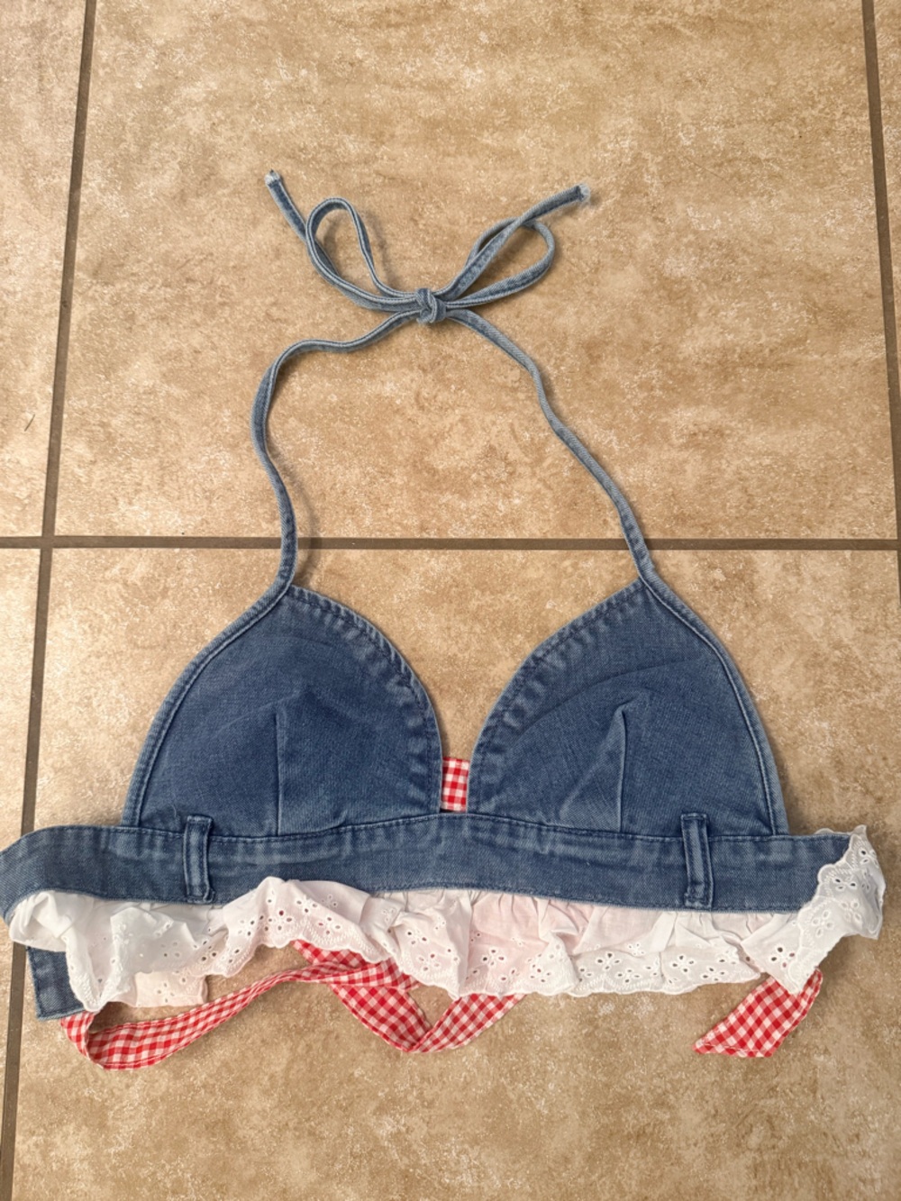 Denim Eyelet Ruffle Halter Top with Red Gingham Bow